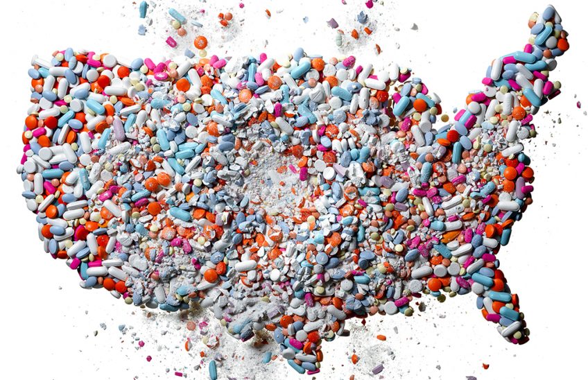 A map of the United States covered in prescription opioids.
