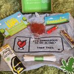 The Cannabox “Level Up” box contents displayed on a green background