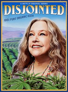 Kathy Bates smiling against a field of cannabis