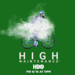 Main character of High Maintenance riding a bike in a cloud of smoke