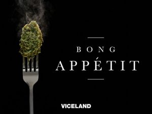 Cannabis nugget on fork next to text that reads "Bong Appetit"