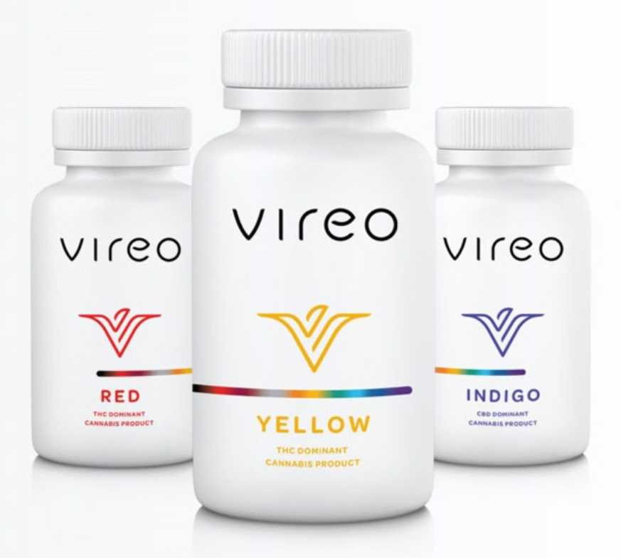 Bottles of Vireo's red, yellow, and indigo blends of cannabis suppositories
