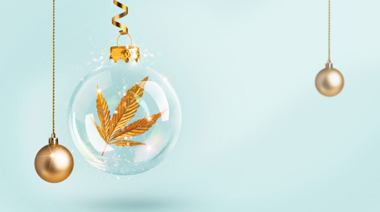 gold cannabis leaf inside clear ornament