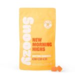 a yellow package with orange and white gummies that reads Snoozy New Morning Highs