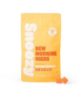 a yellow package with orange and white gummies that reads Snoozy New Morning Highs