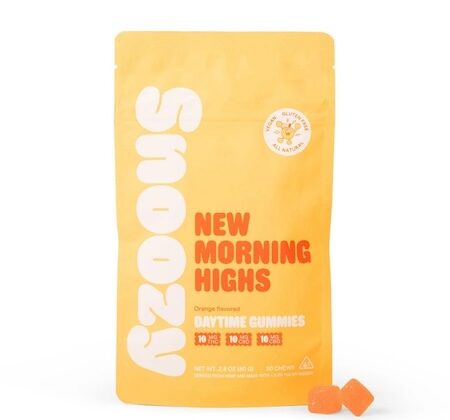 a yellow package with orange and white gummies that reads Snoozy New Morning Highs