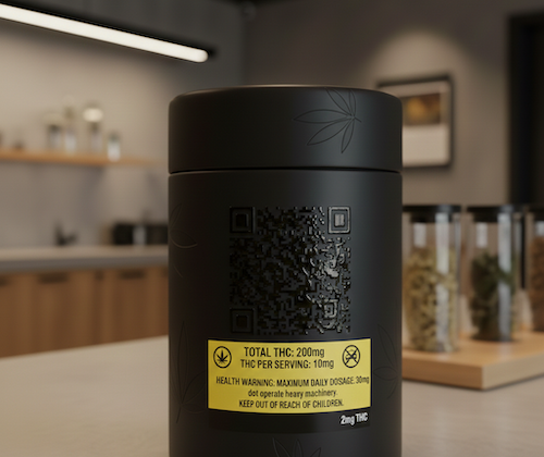 Photo of a black jar with a yellow label indicating THC content and dosage