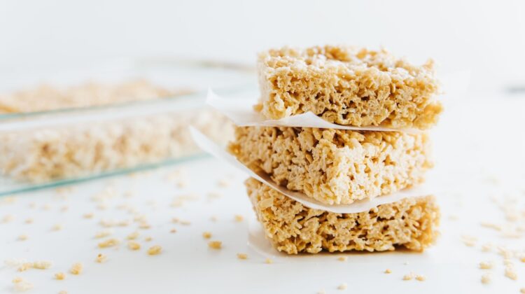 close up of rice krispie treats stacked up